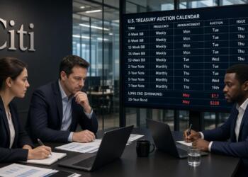 Tres analistas de Citi revisan un calendario de subastas del Tesoro de EE. UU. en pantalla.