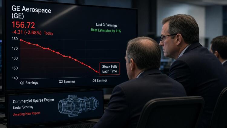 Dos hombres observan una pantalla con gráficos a la baja y datos de GE Aerospace.