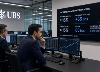 Operadores de UBS analizan datos de bonos del Tesoro frente a una gran pantalla con gráficos.