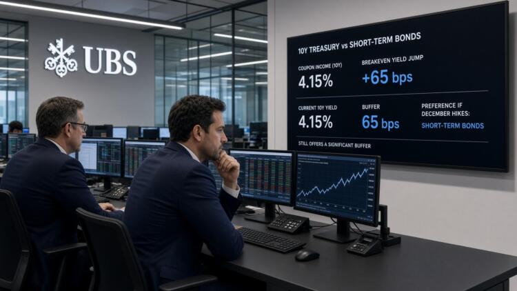 Operadores de UBS analizan datos de bonos del Tesoro frente a una gran pantalla con gráficos.
