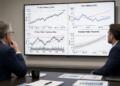 Dos analistas observan una pantalla con gráficos sobre bonos del Tesoro e inflación.