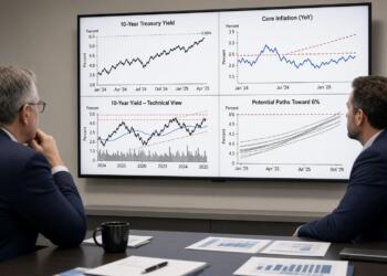 Dos analistas observan una pantalla con gráficos sobre bonos del Tesoro e inflación.