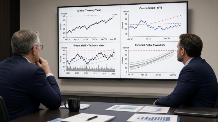 Dos analistas observan una pantalla con gráficos sobre bonos del Tesoro e inflación.