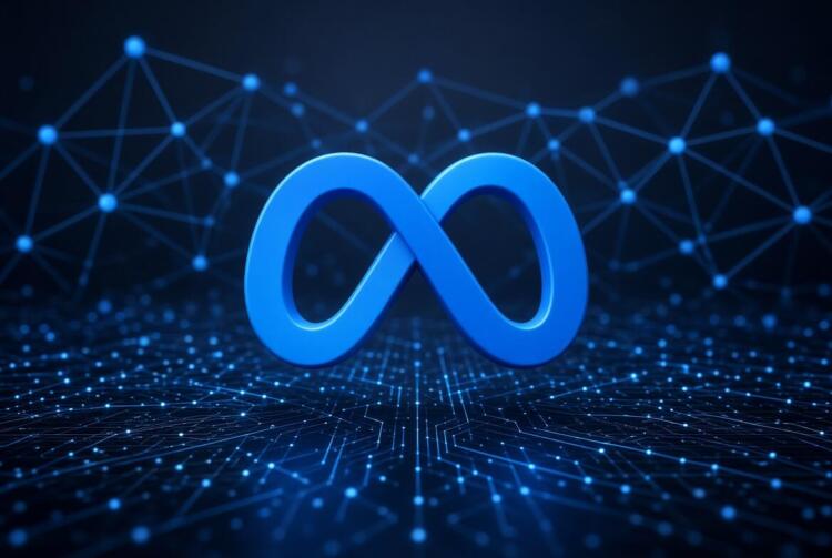 Logo azul de Meta flotando sobre red neuronal y circuitos.