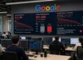 Profesionales observan pantallas con gráficos bursátiles y datos financieros de Google.