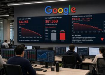 Profesionales observan pantallas con gráficos bursátiles y datos financieros de Google.