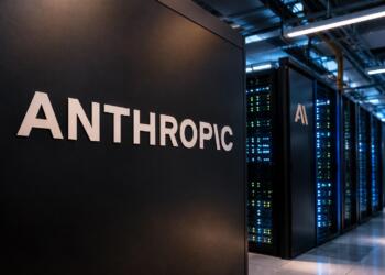 Logotipo de Anthropic frente a servidores de inteligencia artificial.