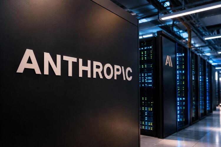Logotipo de Anthropic frente a servidores de inteligencia artificial.