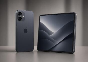 iPhone Duo plegable junto a módulo cerrado con logo de Apple.