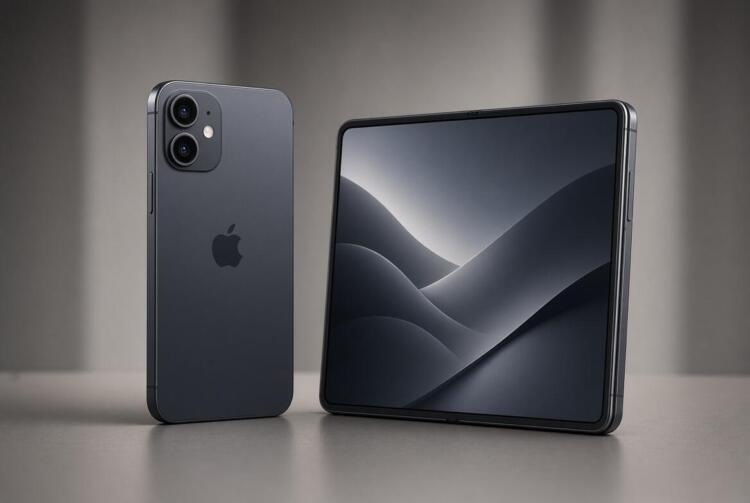 iPhone Duo plegable junto a módulo cerrado con logo de Apple.