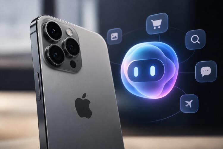 iPhone de Apple junto a un agente de inteligencia artificial.