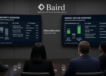 Directivos observan pantallas de Baird con análisis de ciberseguridad y energía.