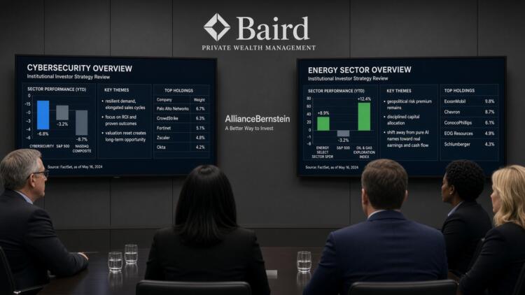 Directivos observan pantallas de Baird con análisis de ciberseguridad y energía.
