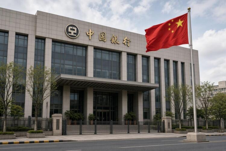 Edificio del Banco de China con bandera china izada al frente.