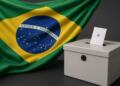 Bandera de Brasil dominante junto a urna electoral con boleta.