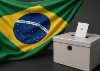 Bandera de Brasil dominante junto a urna electoral con boleta.