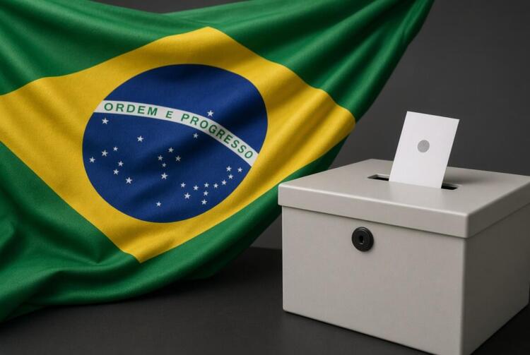 Bandera de Brasil dominante junto a urna electoral con boleta.
