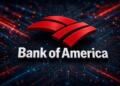 Logo de Bank of America sobre circuitos tecnológicos con luz de datos.
