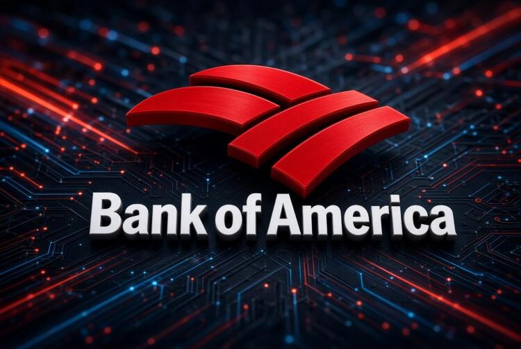 Logo de Bank of America sobre circuitos tecnológicos con luz de datos.