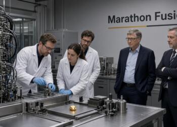 Bill Gates y científicos observan equipos en el laboratorio de Marathon Fusion.