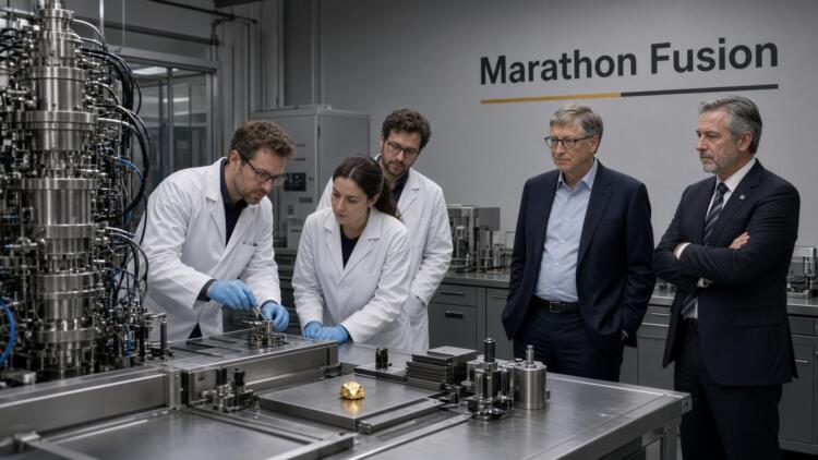 Bill Gates y científicos observan equipos en el laboratorio de Marathon Fusion.