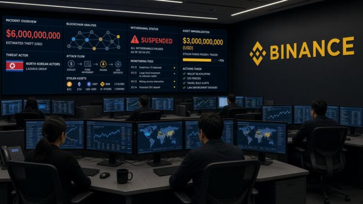 Operadores de Binance monitorean pantallas con datos de un ataque informático y fondos.