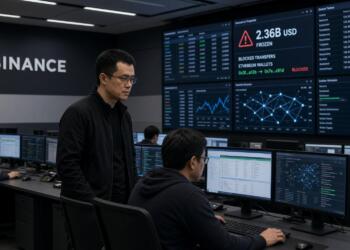Operadores de Binance observan pantallas con datos de transferencias bloqueadas y criptomonedas.