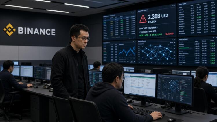 Operadores de Binance observan pantallas con datos de transferencias bloqueadas y criptomonedas.