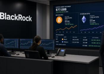Operadores observan pantallas en BlackRock con datos de reservas de Bitcoin y Ethereum.
