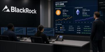 Operadores observan pantallas en BlackRock con datos de reservas de Bitcoin y Ethereum.