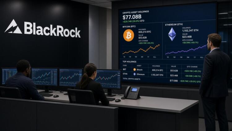 Operadores observan pantallas en BlackRock con datos de reservas de Bitcoin y Ethereum.