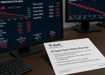 Un documento de BofA y un monitor con datos bursátiles sobre semiconductores y tecnología