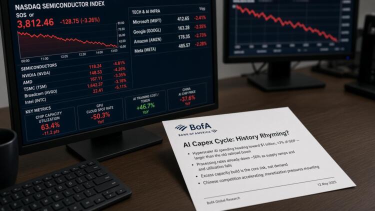 Un documento de BofA y un monitor con datos bursátiles sobre semiconductores y tecnología