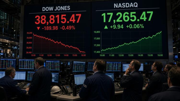 Operadores observan pantallas gigantes con el Dow Jones a la baja y el Nasdaq al alza.