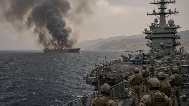 Militares observan desde un buque de la US Navy un barco petrolero incendiado en alta mar.