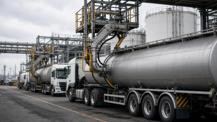 Fila de camiones cisterna estacionados en una planta industrial con brazos de carga.