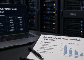 Una computadora portátil y un documento con datos de la cartera de pedidos de Dell Technologies