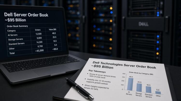 Una computadora portátil y un documento con datos de la cartera de pedidos de Dell Technologies