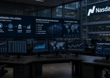 Estación de trabajo en Nasdaq con múltiples monitores que muestran datos y gráficos.