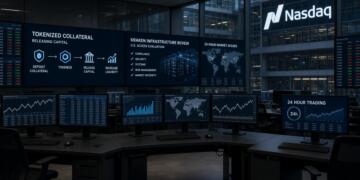 Estación de trabajo en Nasdaq con múltiples monitores que muestran datos y gráficos.