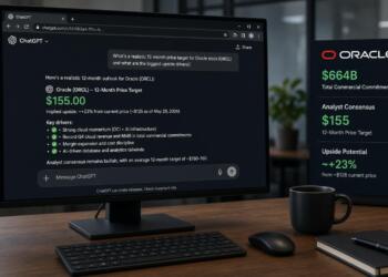 Pantalla de computadora muestra una consulta sobre acciones de Oracle y datos financieros