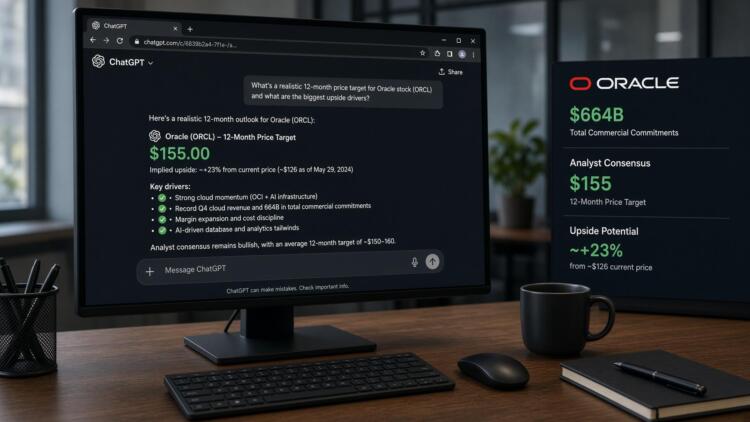 Pantalla de computadora muestra una consulta sobre acciones de Oracle y datos financieros