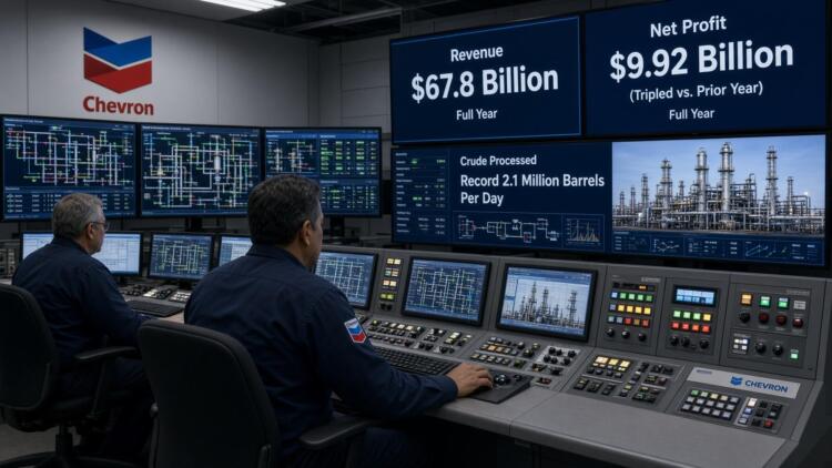 Dos operadores monitorean pantallas con datos financieros y de refinación de Chevron.