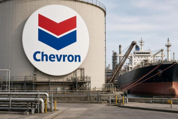 Tanque de Chevron con logo y buque tanque en terminal de exportación