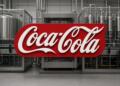 Logo de Coca-Cola frente a maquinaria de planta embotelladora.