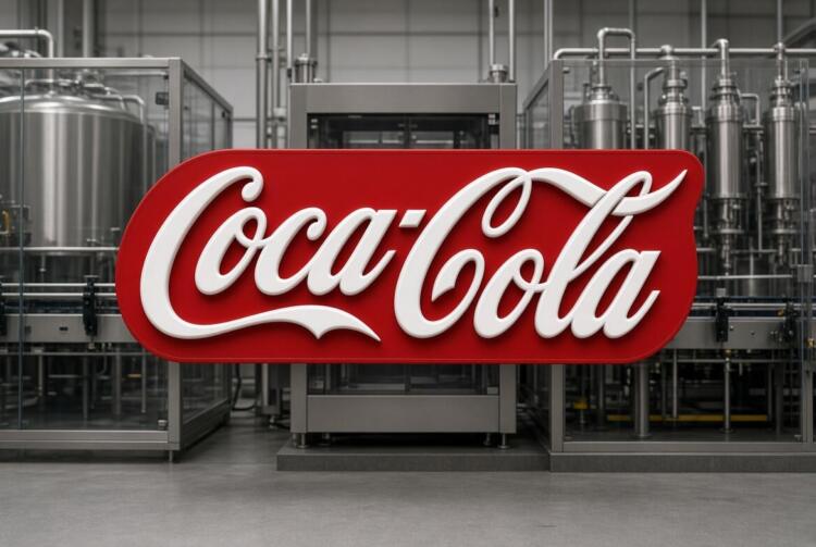 Logo de Coca-Cola frente a maquinaria de planta embotelladora.