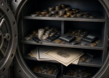 Bóveda abierta con criptomonedas, wallets electrónicos y documentos.
