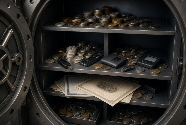 Bóveda abierta con criptomonedas, wallets electrónicos y documentos.