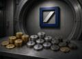 Bóveda con logo de Deutsche Bank y montones de criptomonedas.