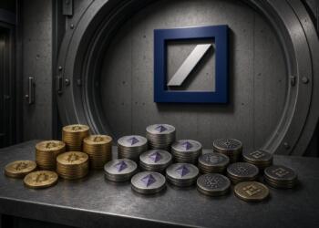 Bóveda con logo de Deutsche Bank y montones de criptomonedas.